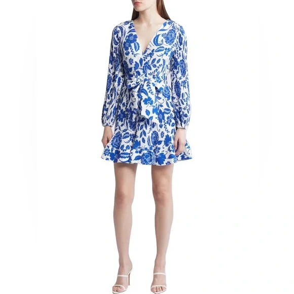 Milly Blue Liv Flowers of Spain Long Sleeve V Neck Pleated Mini Dress - Picture 2 of 13